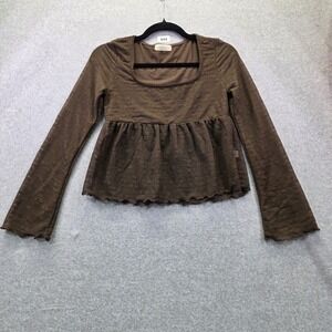 Frankee & Skylarr Brown Floral Pointelle Square Neck Peplum Top Womens Medium